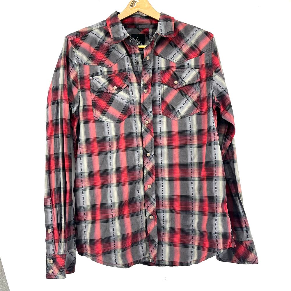 Prana Cotton Holstad Plaid Shirt Mens Red Gray Plaid Long Sleeve Snap M